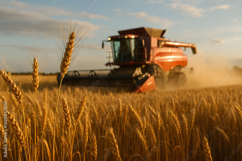 Fototapeta premium Combine Harvester in a Field: Wheat Harvest at Sunset