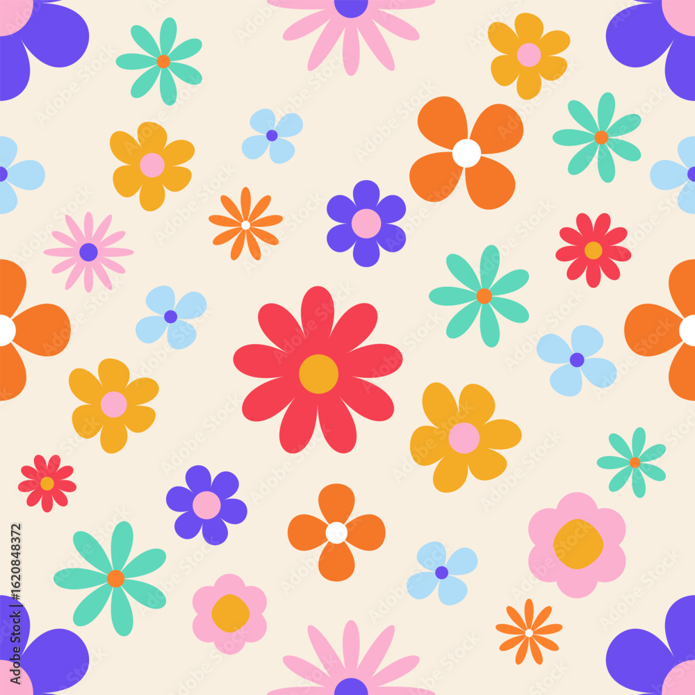 Obraz premium Seamless Retro Floral Pattern with Colorful Flowers on Cream Background