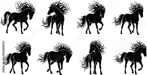  eight black silhouette horse illustrations with flowing manes and tails isolated on white background vector illustration