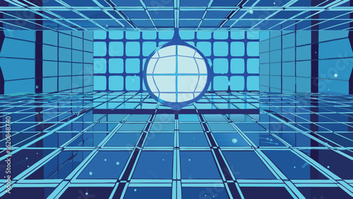 Abstract blue futuristic grid architecture design with transparent globe element