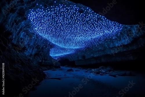 Glowworms illuminate a cave ceiling at night
