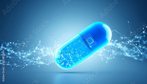 Futuristic smart pill concept with an internal microchip, representing digital healthcare and advanced medical technology innovation