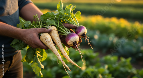 Freshly harvested turnips and parsnips held by a farmer, a bountiful harvest from the garden