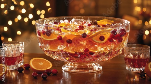 Festive punch bowl filled with cranberries, oranges, and ice.