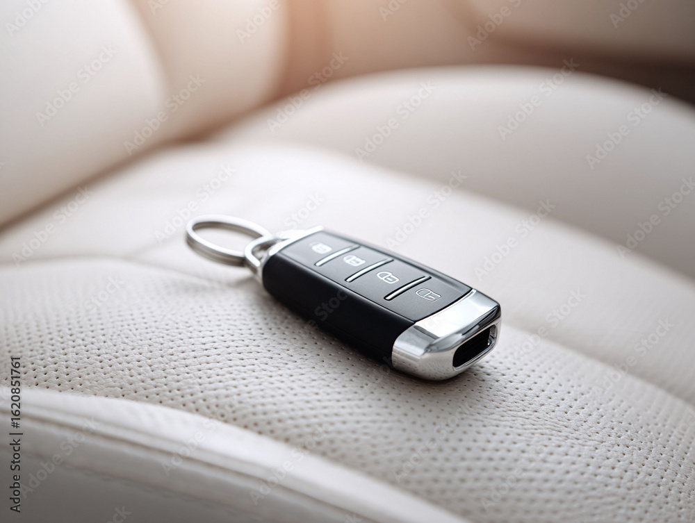 Fototapeta premium Modern car key fob resting on luxurious cream leather. Represents automotive technology, travel, and lifestyle. Ideal for ads, articles, and design projects.