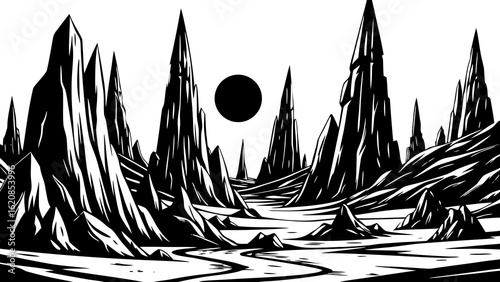 A black and white landscape with tall jagged mountains and a dark sun in a stark contrasting scene created with generated ai