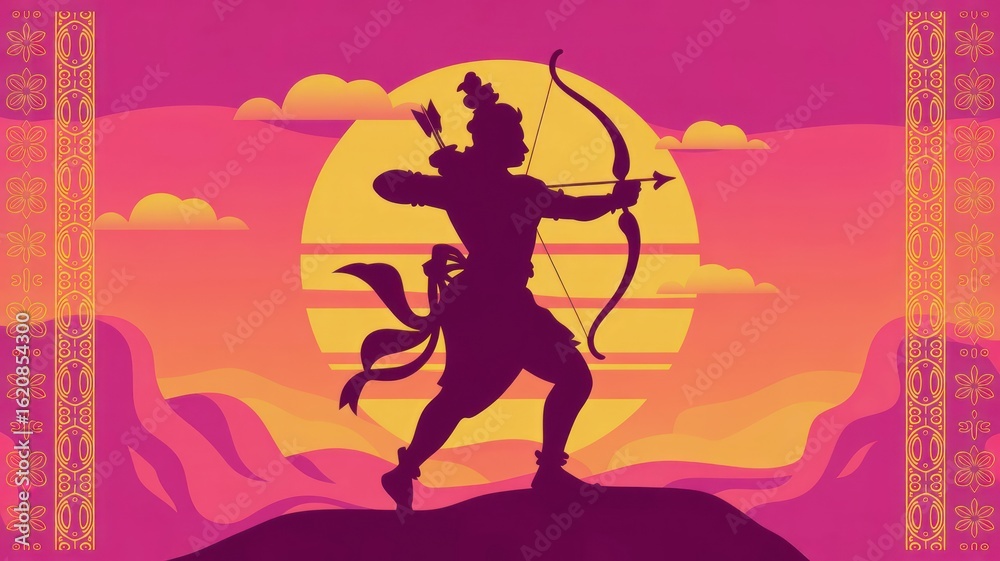 Fototapeta premium Silhouette of a warrior holding a bow and arrow against a vibrant sunset. The scene symbolizes Dussehra, celebrating the victory of good over evil.