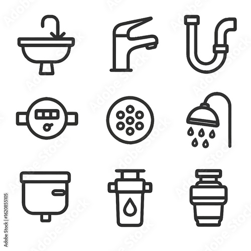 Minimalist plumbing icons set featuring sink faucet pipe linear style