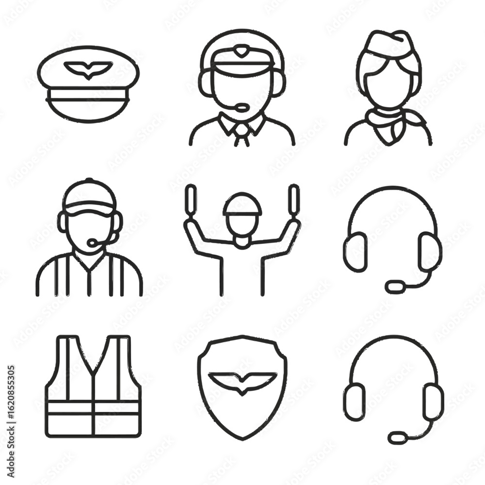 Fototapeta premium Aviation crew icons set featuring pilots, attendants, and safety equipment in linear style