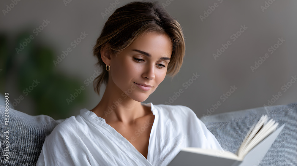 Fototapeta premium Serene Reading: A woman engrossed in a book, peacefully immersed in the world of literature, her expression one of quiet contemplation and intellectual engagement. 