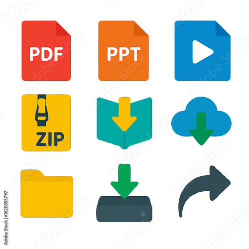 Colorful download icons set featuring pdf, ppt, and zip formats