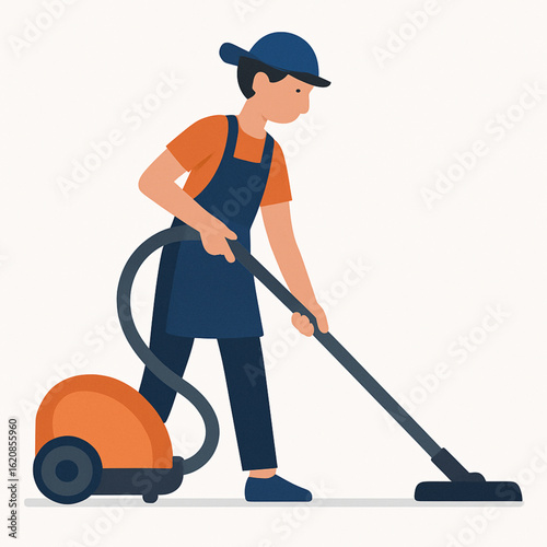 Woman cleaning the floor with a vacuum cleaner.