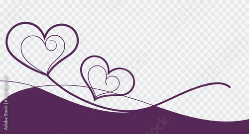 Elegant purple hearts with swirling vines and a wavy border, symbolizing love and romance