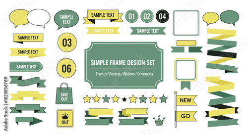 Collection of graphic design elements with text placeholders and decorative shapes speech bubbles banners