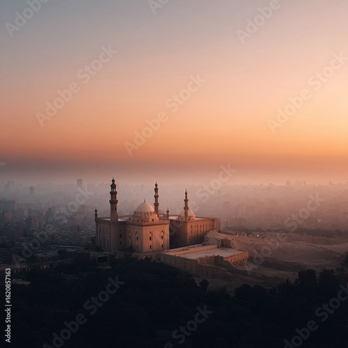 Majestic mosque silhouetted against a smoky, orange sunrise over a sprawling city. Evokes faith, history, travel, and serene beauty.
