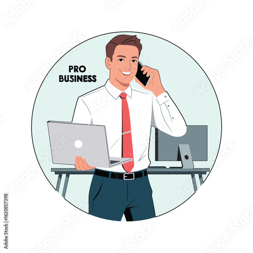 Smiling professional businessman multitasking at his office workplace, talking on a smartphone and holding a laptop. Vector illustration.