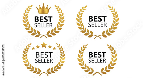 Golden laurel wreaths with crown and stars award bestseller text vector