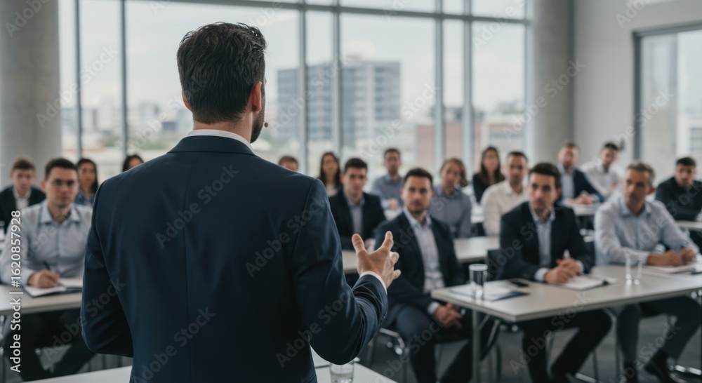Professional speaker engages audience in a bright conference room with large windows and modern seating arrangements Professional speaker engages audience in a bright conference room with large windows and modern seating arrangements