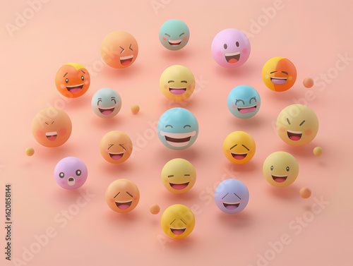 A collection of colorful spherical faces expressing various emotions on a peach colored surface
