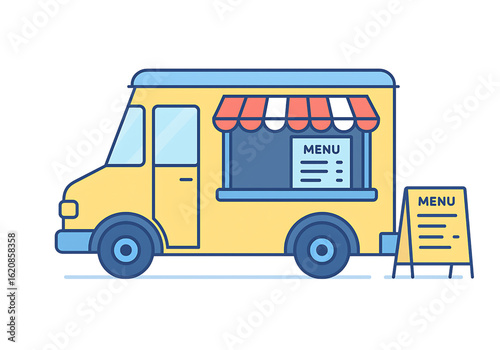 yellow and blue food truck with menu board flat vector illustration mobile street kitchen design