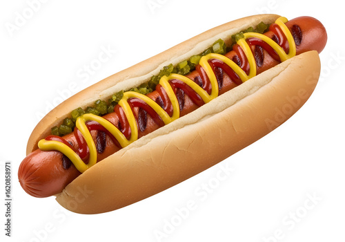 A hot dog with condiments on a black background.