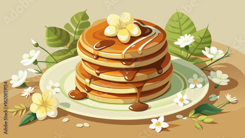  close up Stacked pancakes, drizzled with syrup, surrounded by white flowers on a light beige surface