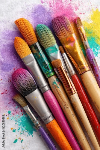 Colorful paintbrushes on a vibrant, spattered background