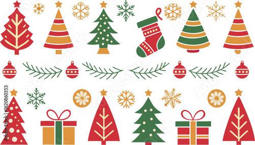 Christmas trees snowflakes stocking and gifts pattern