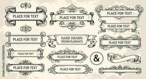Ornate decorative banners and scrollwork elements vintage ornamental