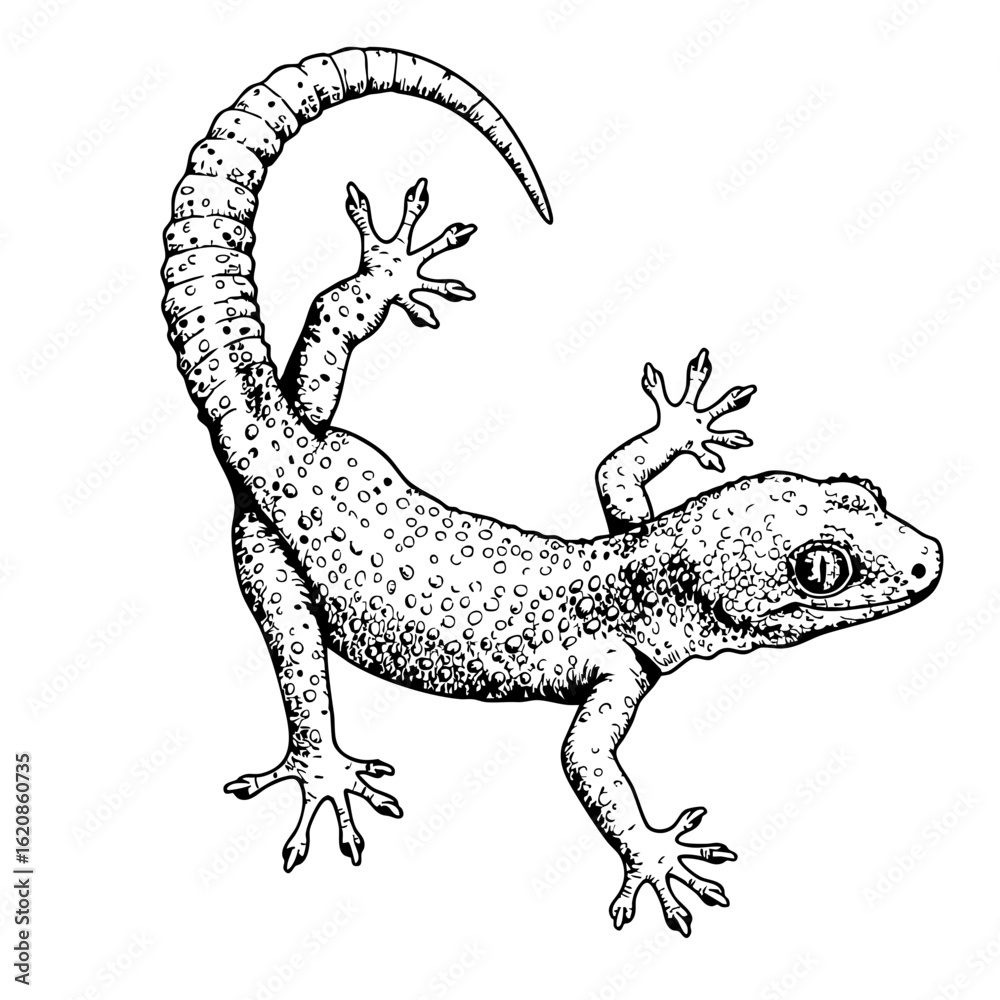 Fototapeta premium Vintage sketch of a gecko climbing on a wall 