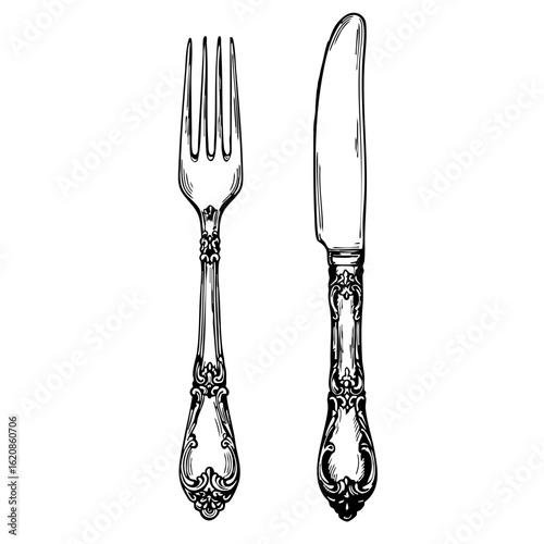 Vintage sketch of a fork and knife with ornate handles  