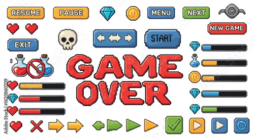 Pixel art game interface elements with buttons health bars and icons vector