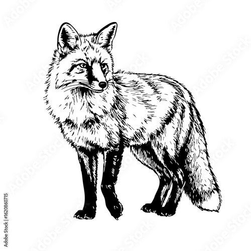 Vintage sketch of a standing fox in a detailed illustration  