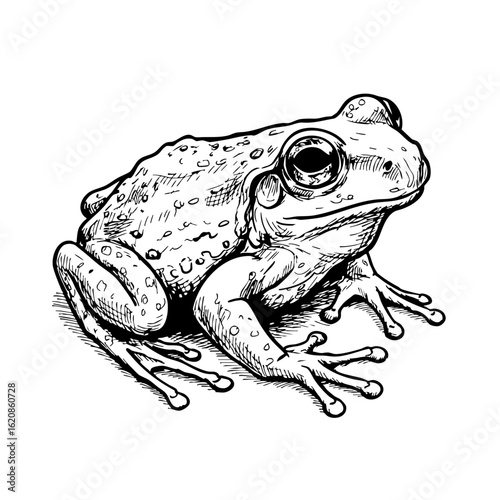 Vintage sketch of a detailed frog sitting on a white background  