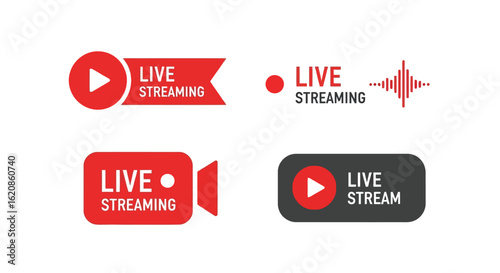 Red and black streaming icons with play button video camera and sound wave live streaming broadcast