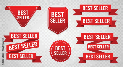 Red ribbons and badges with best seller text sale