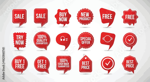 Red sale offer tags with various text and icons buy now new product