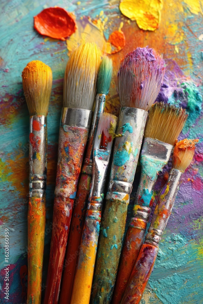Fototapeta premium Colorful paint-splattered artist's brushes on a palette