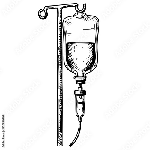 Vintage sketch of an IV drip standing on a medical stand  