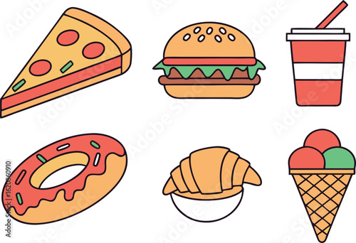 Flat illustration of pizza burger drink donut croissant ice cream