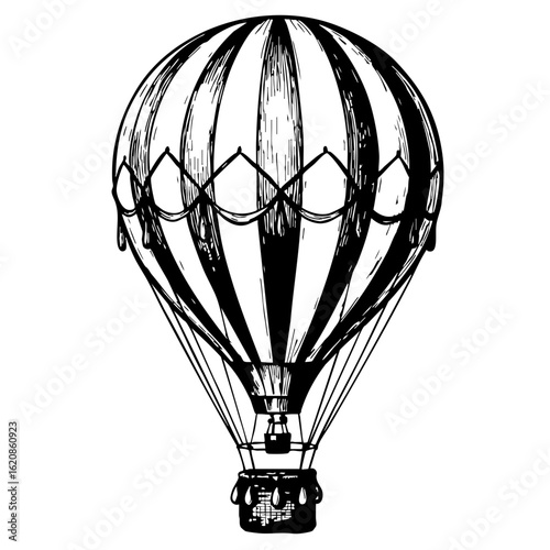 Vintage sketch of a hot air balloon with striped fabric design  