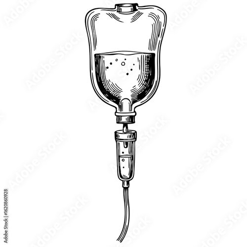 Vintage sketch of an IV drip bottle with liquid and tubing  