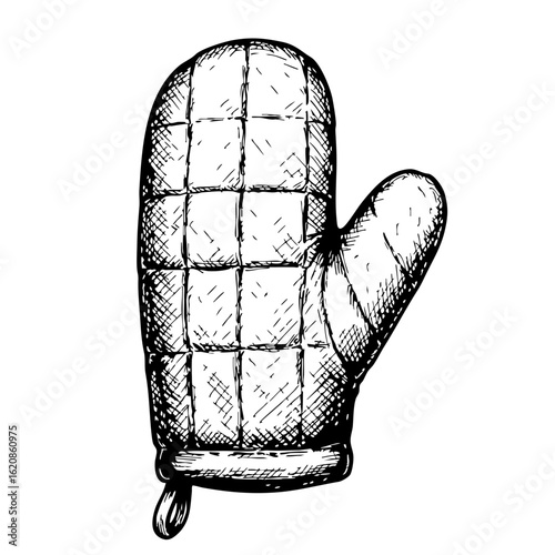 Vintage sketch of a kitchen mitten with quilted design  