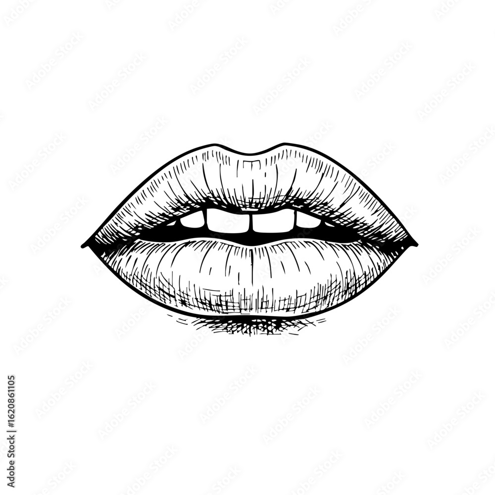 Fototapeta premium Vintage sketch of female lips with detailed line art 