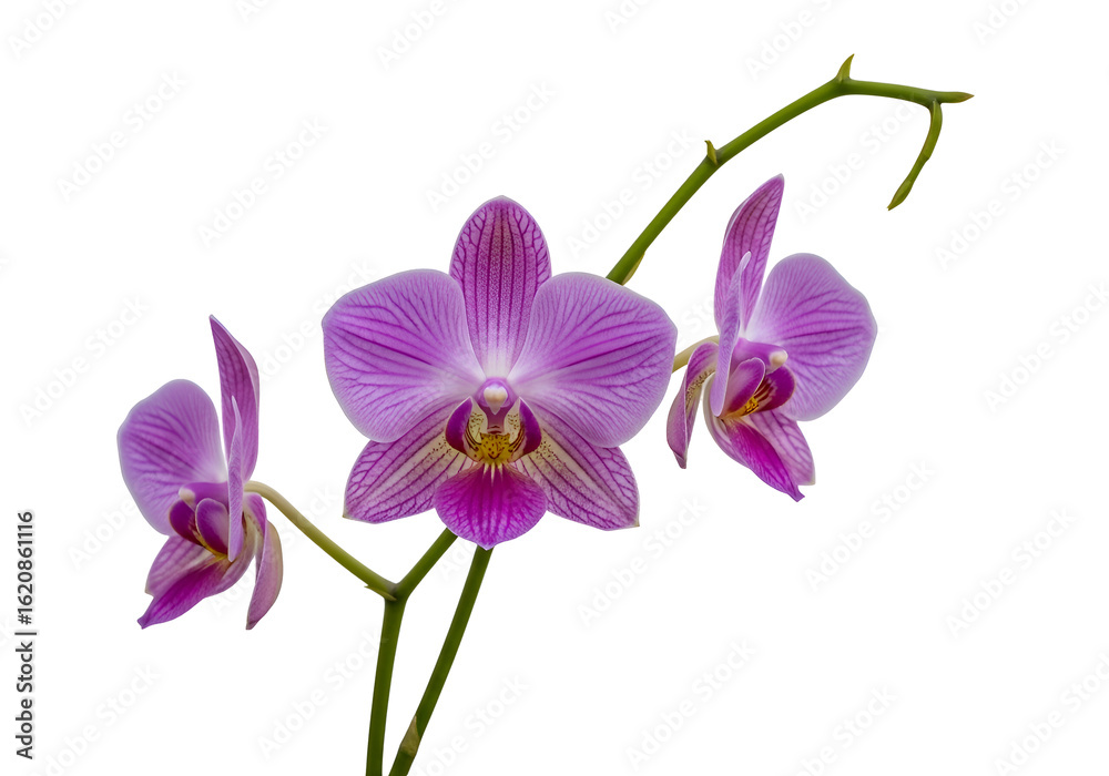 Fototapeta premium Three vibrant purple orchids in a setting.