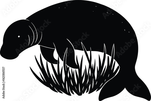 Manatee Grazing Seagrass Silhouette | Gentle Sea Cow Design