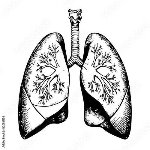 Vintage sketch of human lungs with detailed bronchial structure  