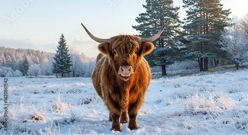 Majestic Highland cow standing proudly in a snowy winter wonderland landscape at sunset