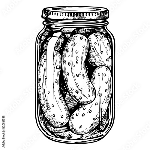 Pickle jar filled with cucumbers in vintage sketch style  