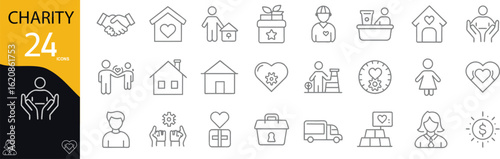 Charity related icon collection. Containing donation, community support, fundraising, volunteering, healthcare, shelters, and helping hands. Perfect for infographics. Editable stroke. Outline icons.